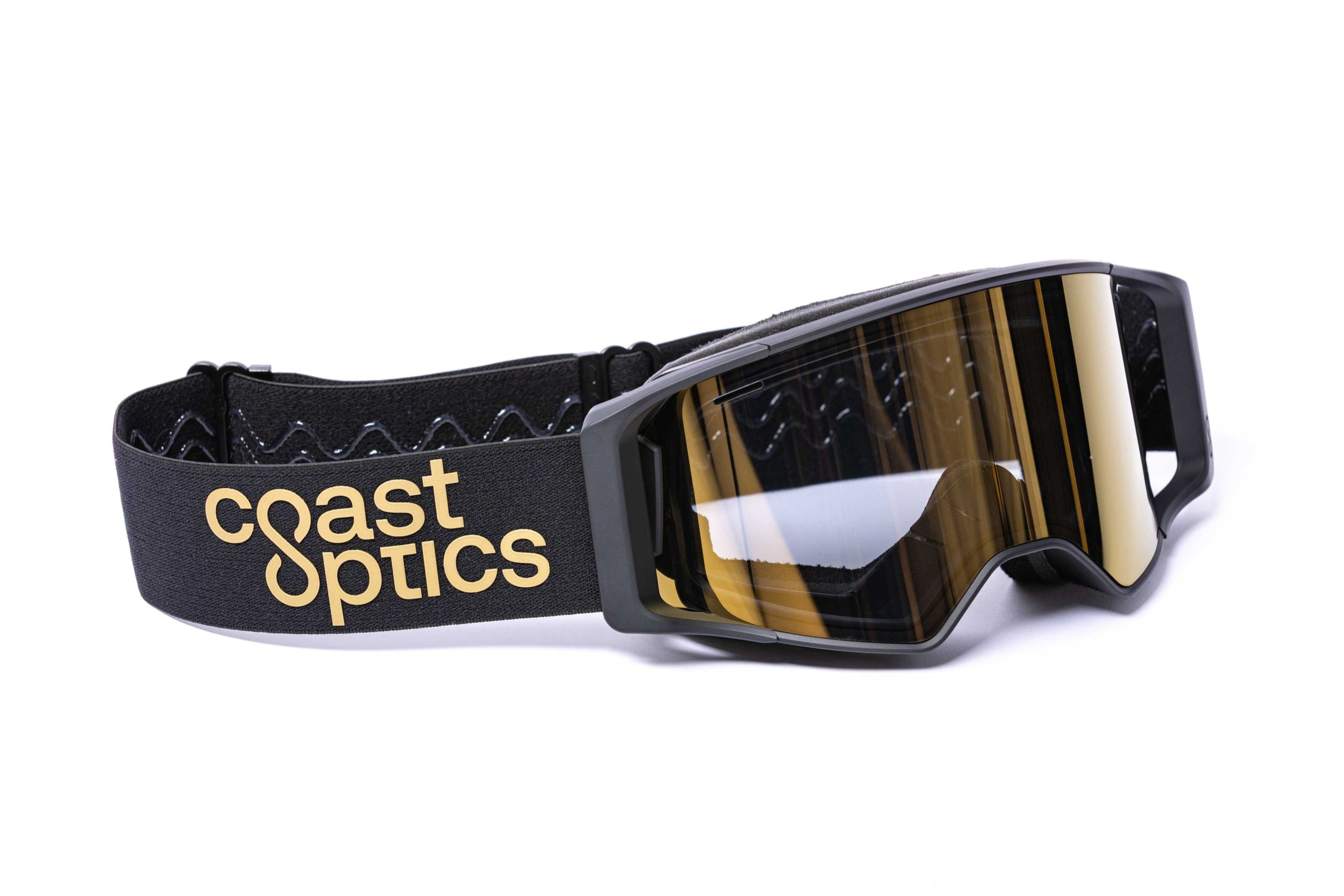 Coast Optics signature yoann barelli mtb goggles eye protection with black frame and gold text on a white background 